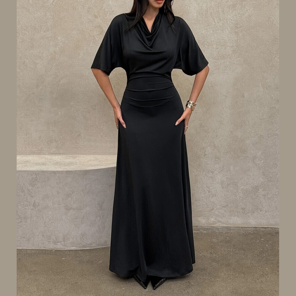 Black Cowl Neck Batwing Sleeve Ruched Waist Fitted Maxi Dress